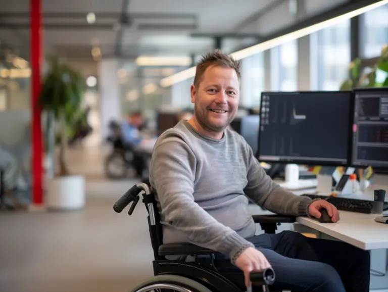Betriebliches Eingliederungsmanagement BEM: Ein junger im Rollstuhl vor seinem PC-Arbeitsplatz lächelnd