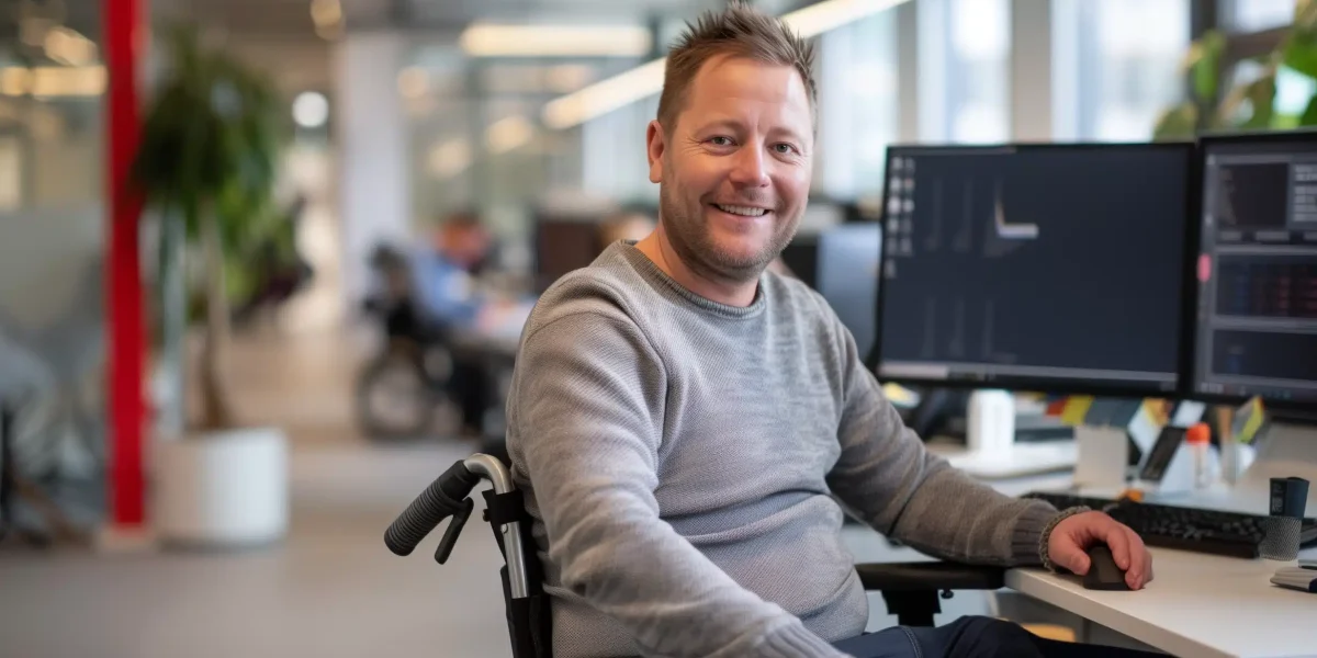 Betriebliches Eingliederungsmanagement BEM: Ein junger im Rollstuhl vor seinem PC-Arbeitsplatz lächelnd